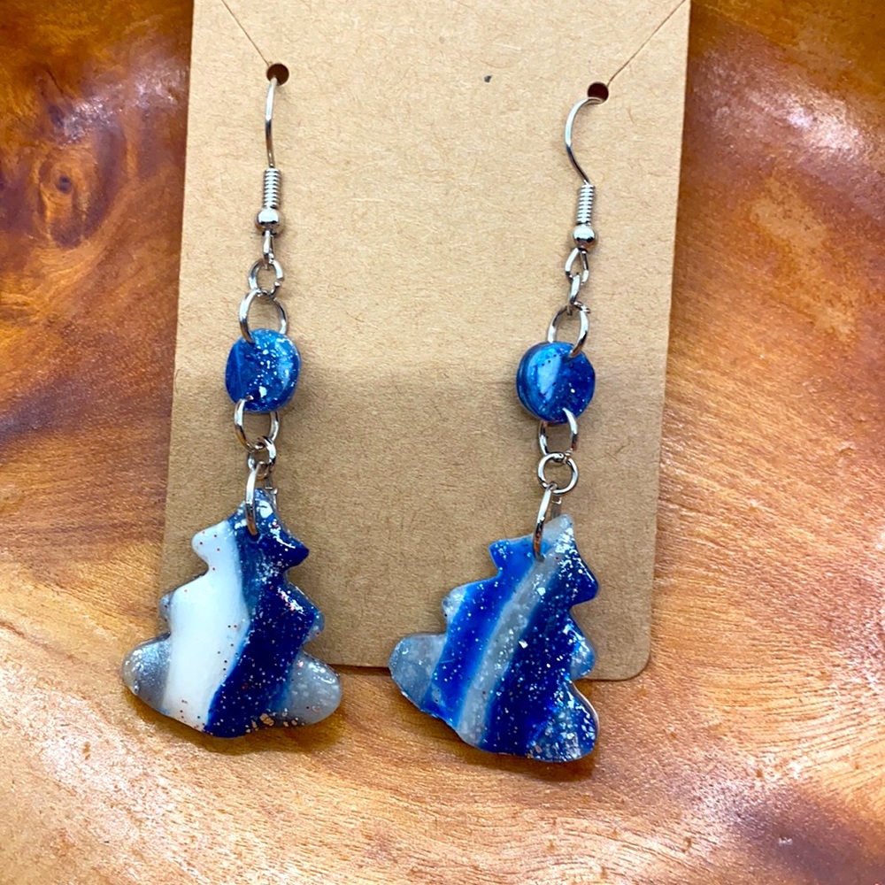 Blue and sliver tree polymer clay earrings